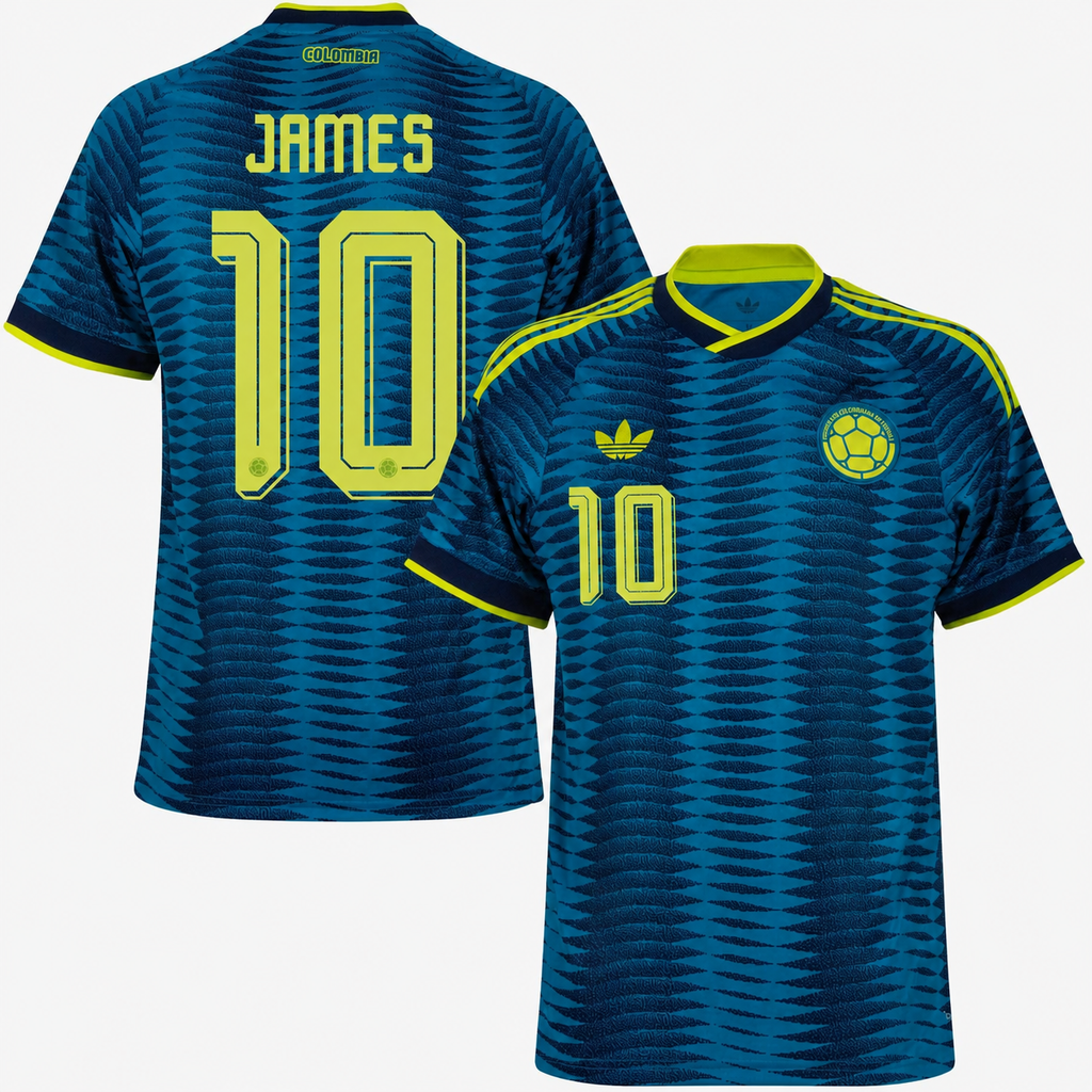 Camiseta Segunda Equipación Colombia Mundial 2026 — James Rodríguez 10 — frente y espalda