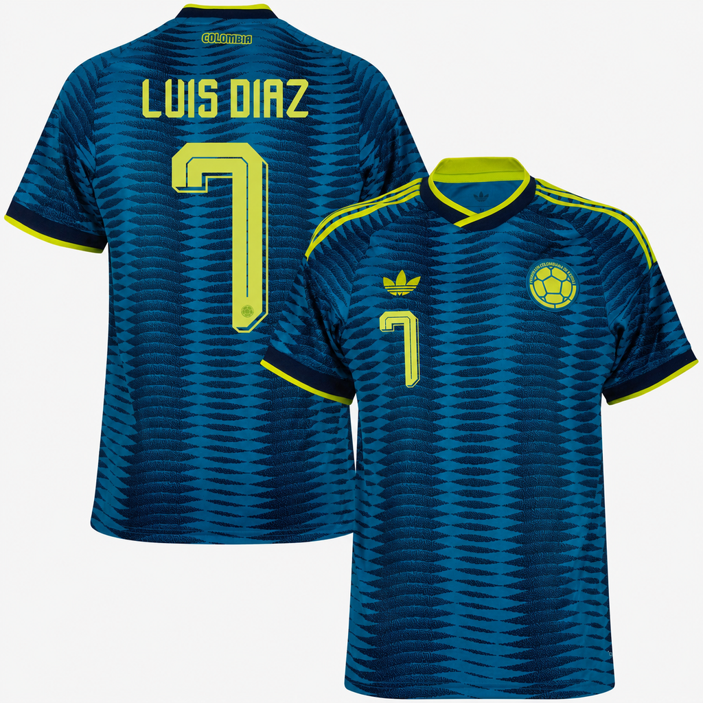 Camiseta Segunda Equipación Colombia Mundial 2026 — Luis Díaz 7 — frente y espalda