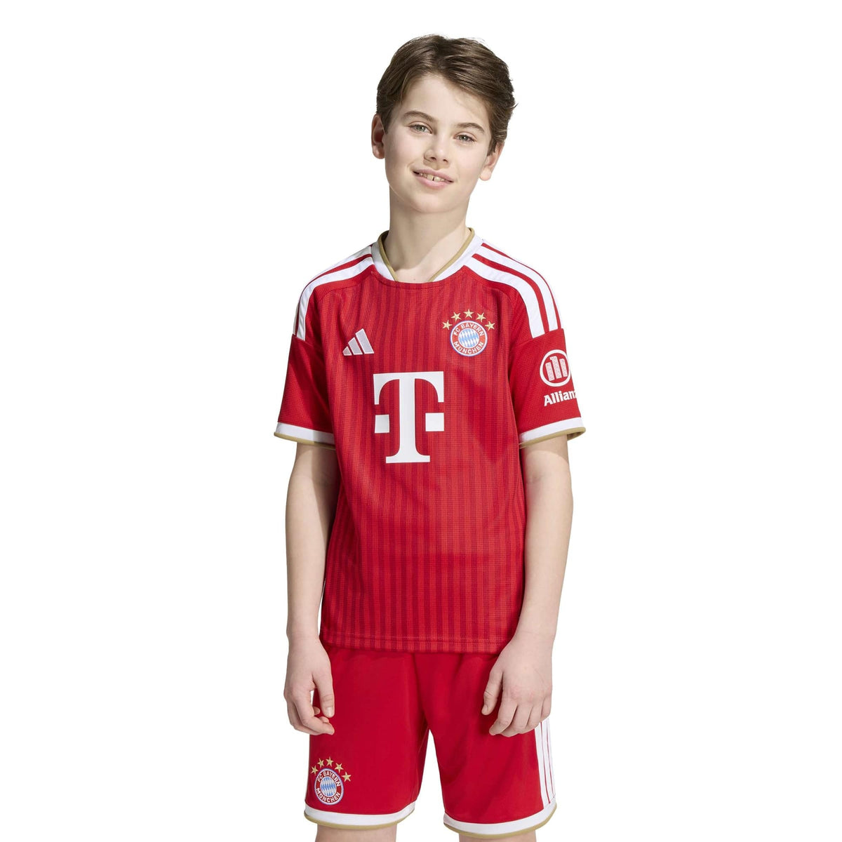 Bayern Munich 2026/27 home kids kit, KANE 9 - front view of the base shirt worn by a model