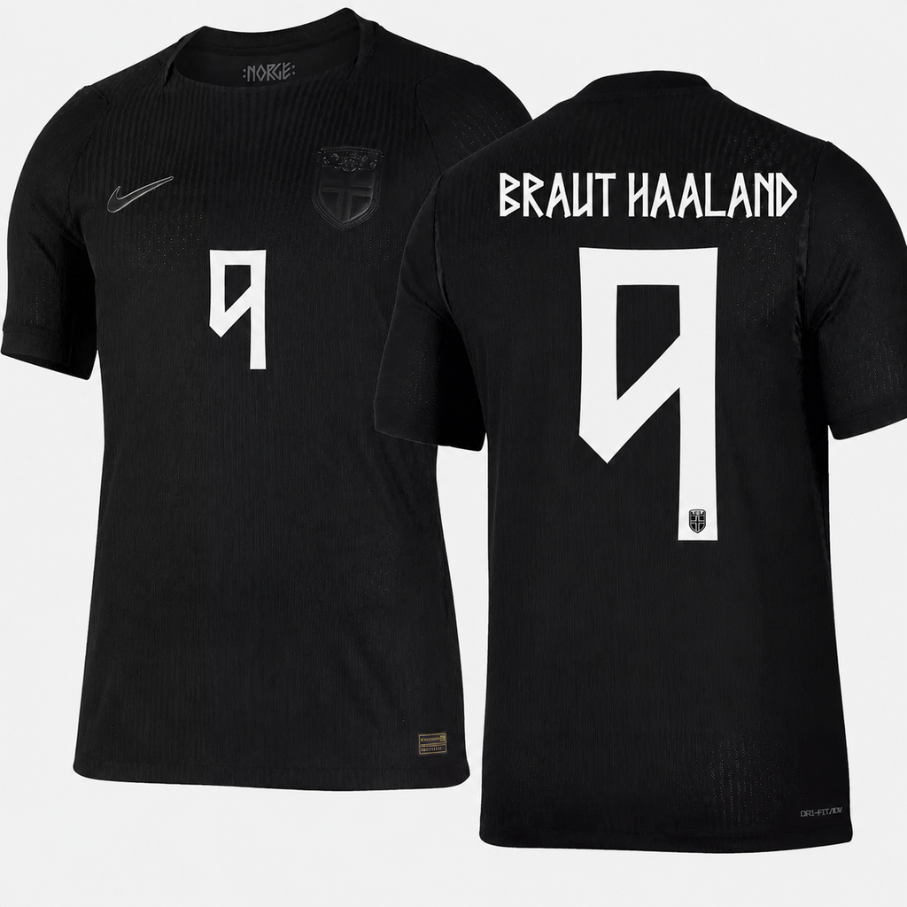 Camiseta Segunda Equipación Noruega Mundial 2026 — Erling Haaland 9 — frente y espalda