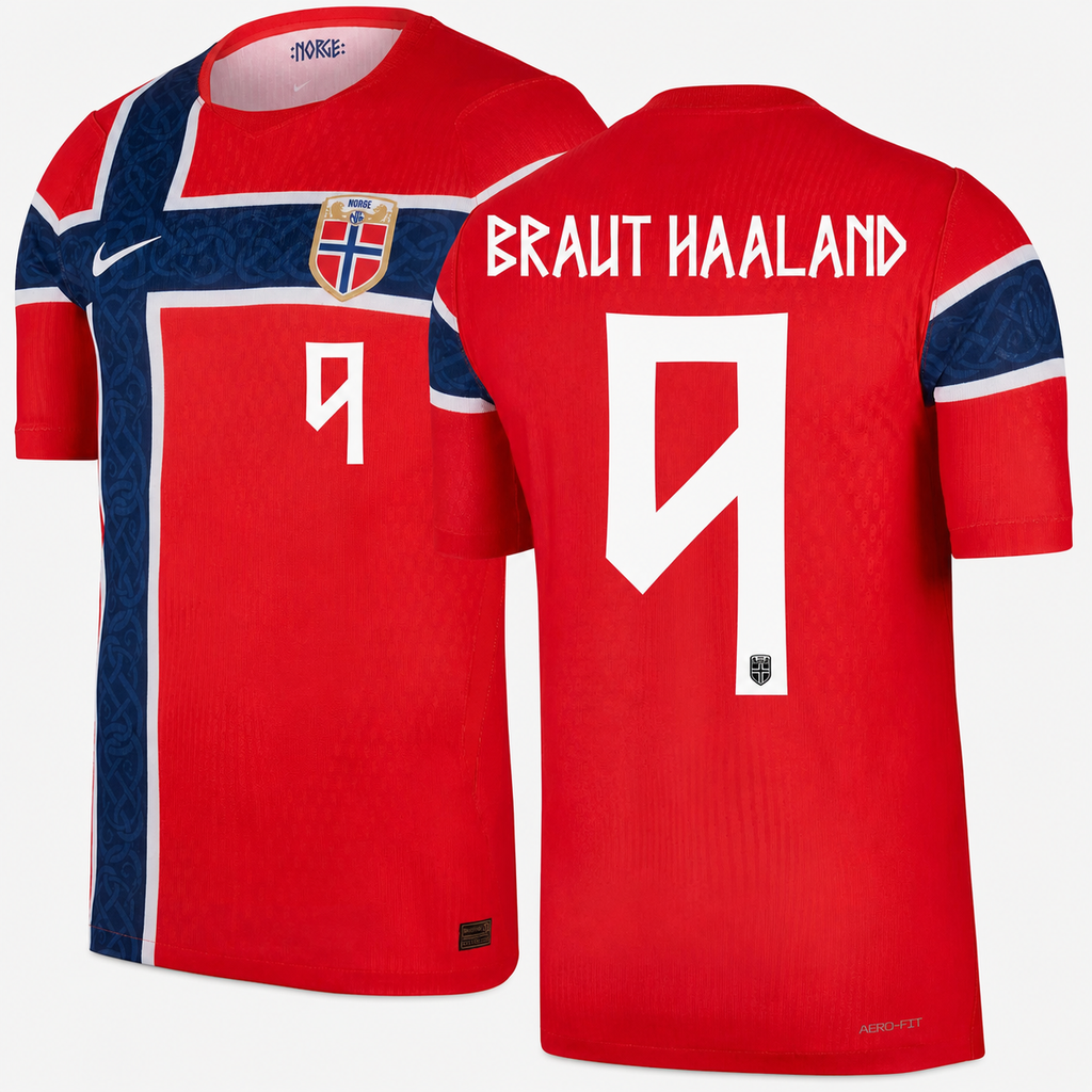 Camiseta Noruega Mundial 2026 — Erling Haaland 9 — frente y espalda