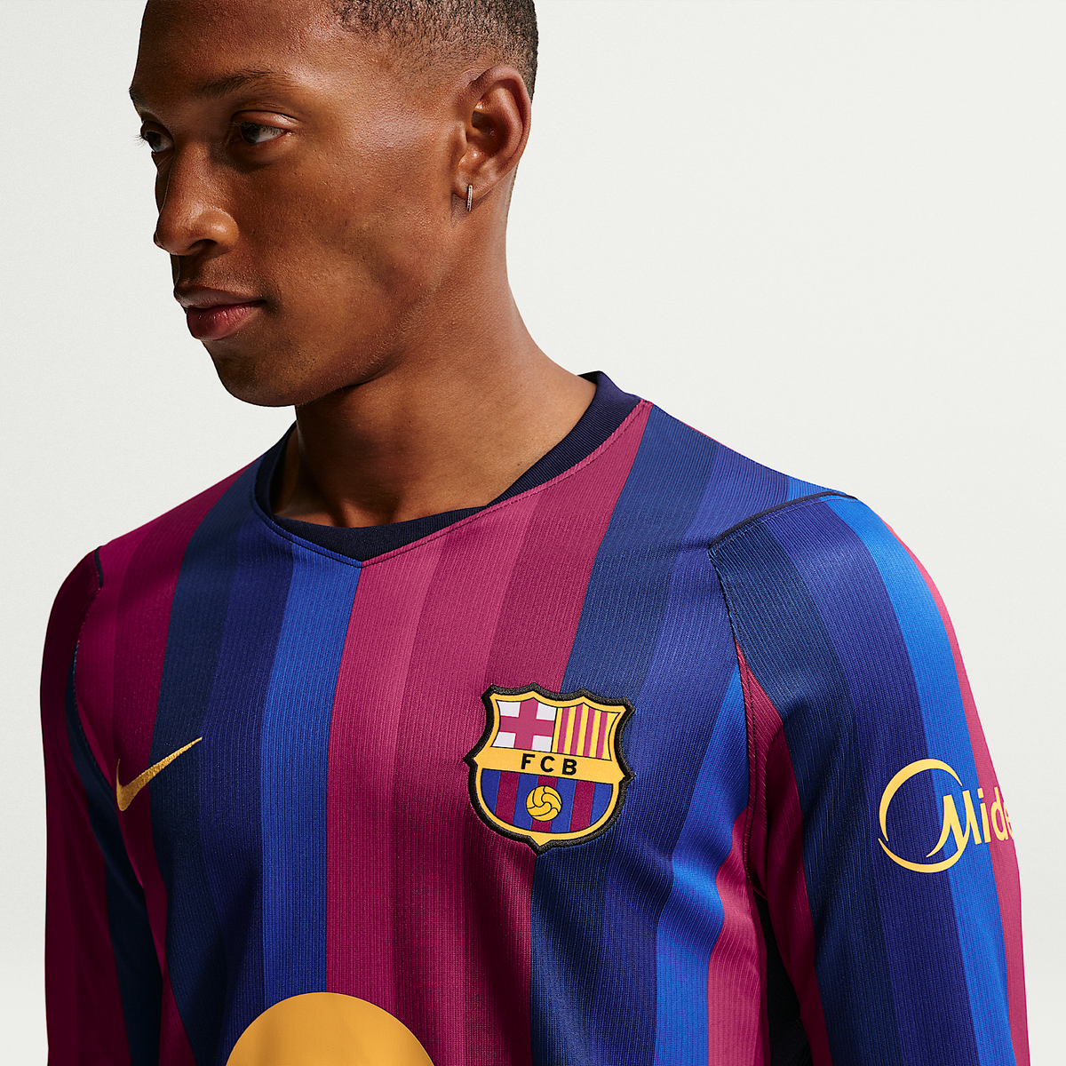 Barcelona Home Long Sleeve Jersey 2026/27 - front chest view on model